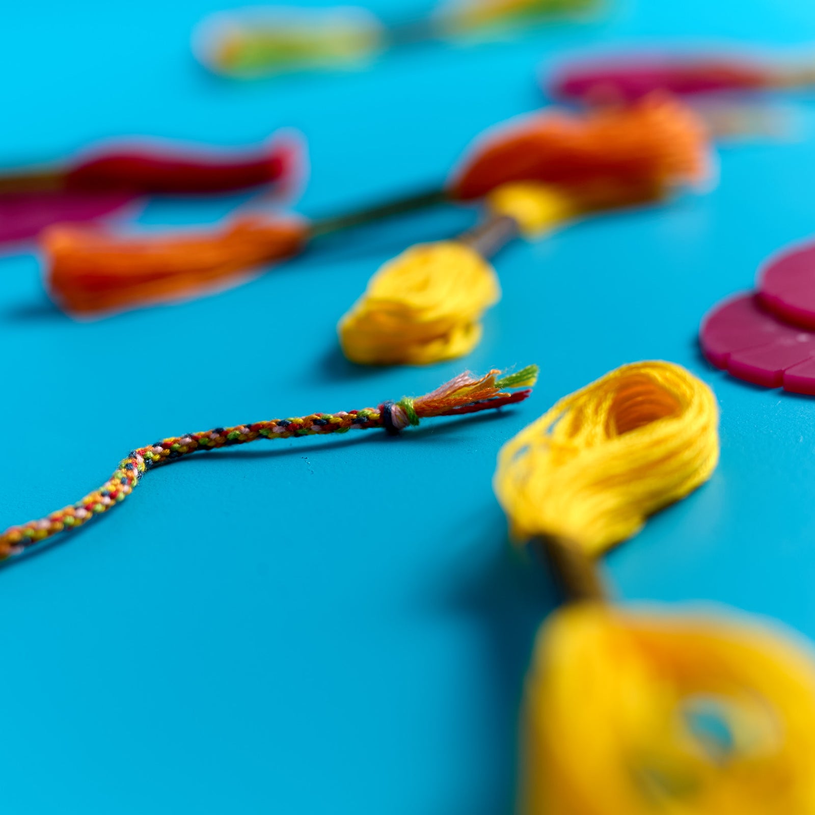Close-up of colorful threads included in the ODIDOMI friendship bracelet kit.