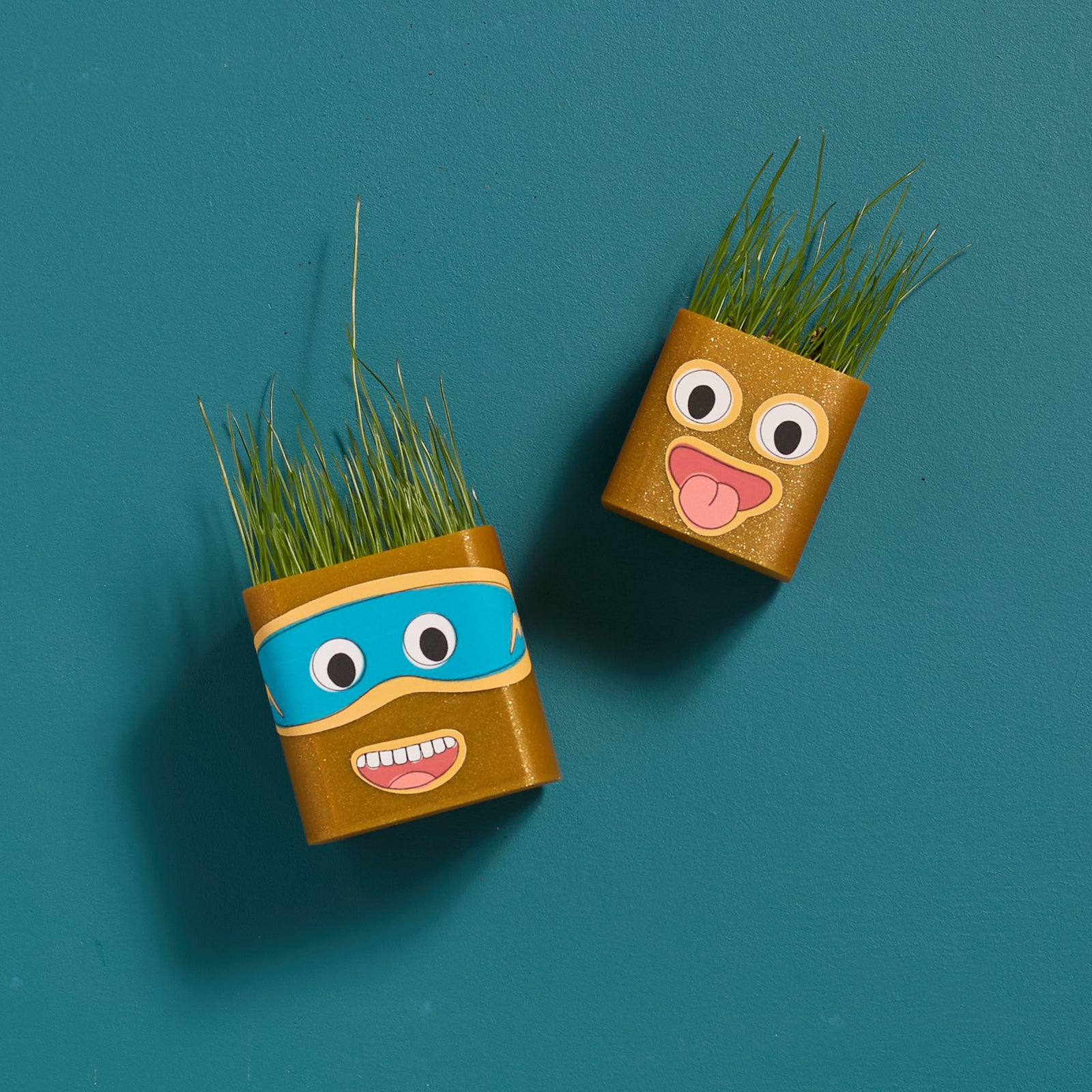 Overhead view of a finished Grass Head Buddies activity created with an ODIDOMI kit for kids.