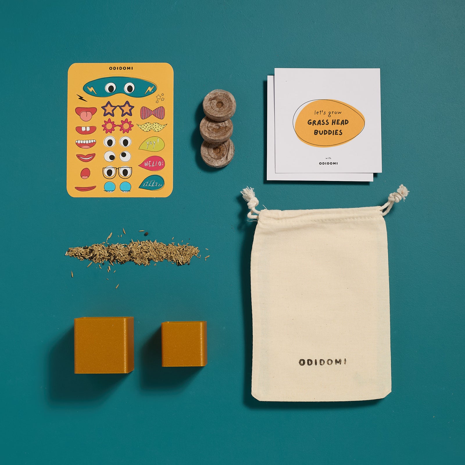 Flat lay of the complete ODIDOMI Grass Head Buddies kit for kids.