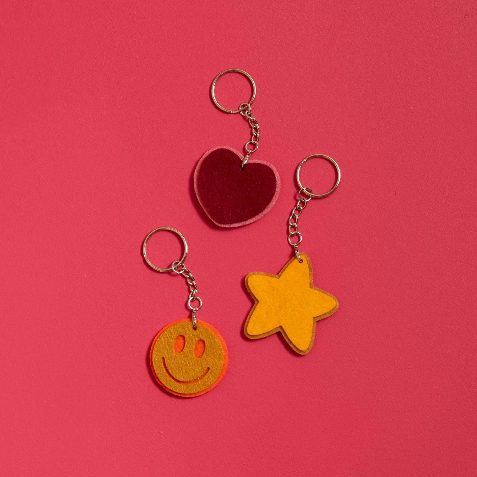 Overhead view of finished keychains created with the ODIDOMI Little Joy Keychain Kit.