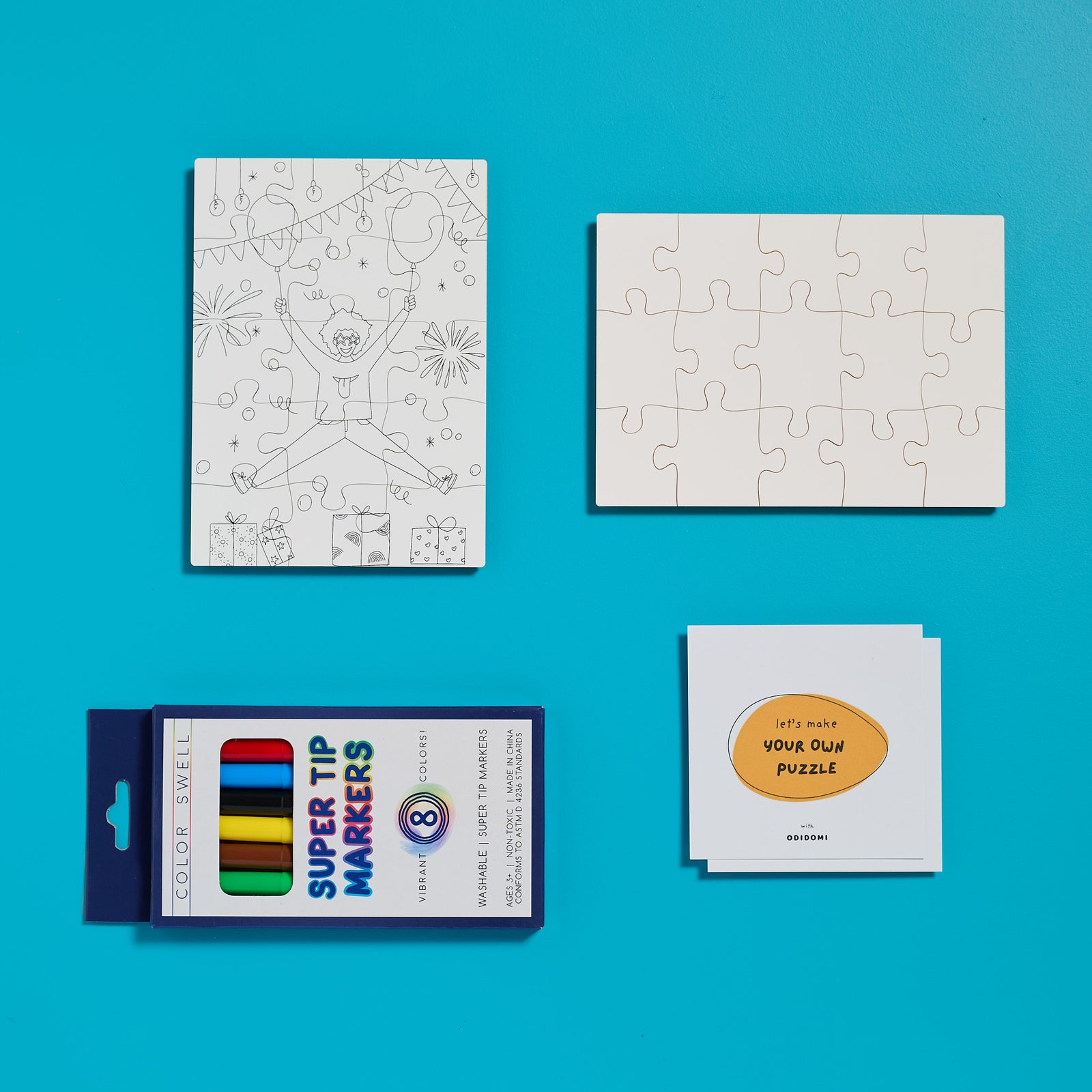 Flat lay of the complete ODIDOMI puzzle kit for kids.