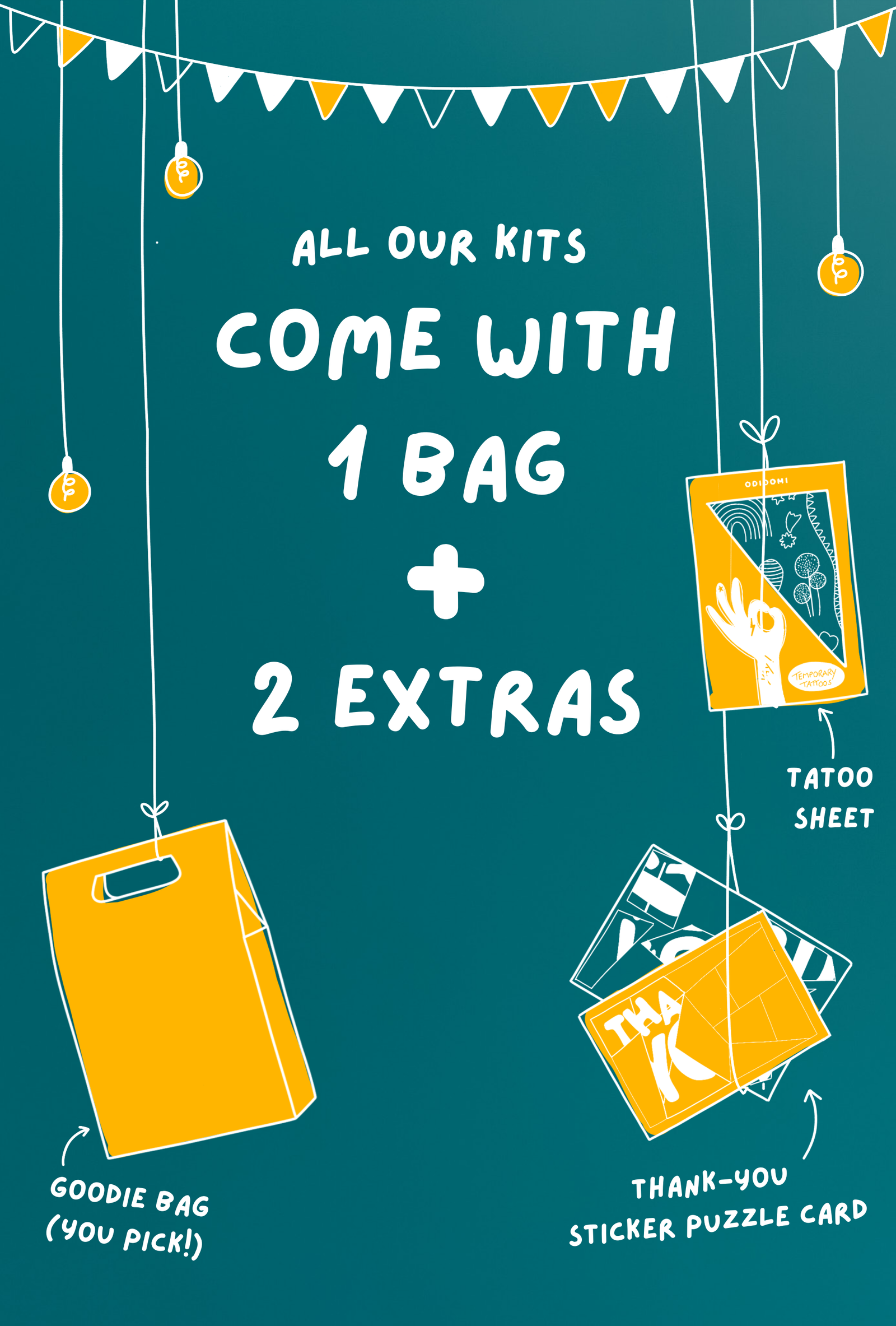 Illustrated graphic of ODIDOMI’s goodie bag contents, showcasing a customizable party favor bag, a temporary tattoo sheet, and a thank-you sticker puzzle card. Fun and creative goodie bag extras for kids' birthday parties.