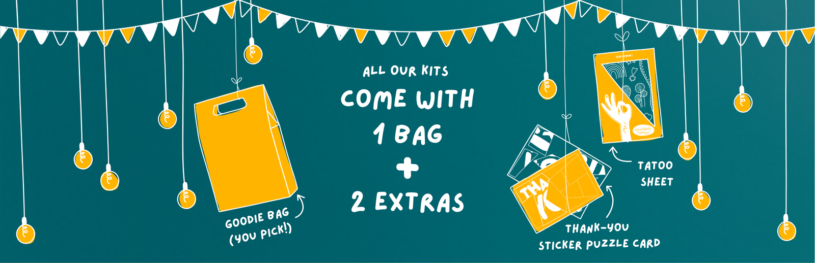 Illustrated ODIDOMI goodie bag set, featuring a customizable party favor bag, a temporary tattoo sheet, and a thank-you sticker puzzle card. A fun and creative way to make kids' birthday party favors special and unique