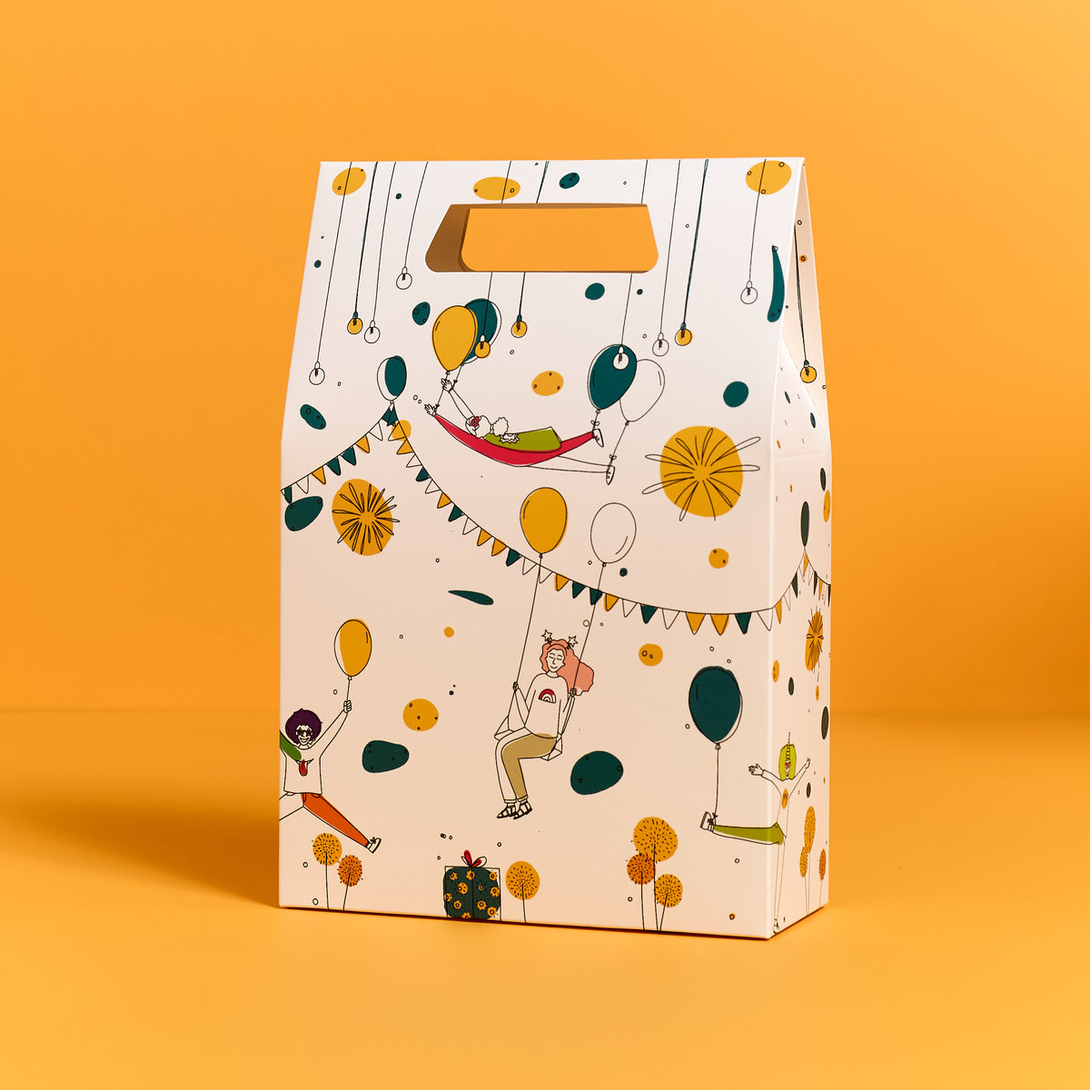 ODIDOMI goodie bag with a whimsical, illustrated party scene, displayed on an orange background. Designed in-house by ODIDOMI, a family-run brand creating high-quality, handcrafted party favor bags for kids' celebrations.