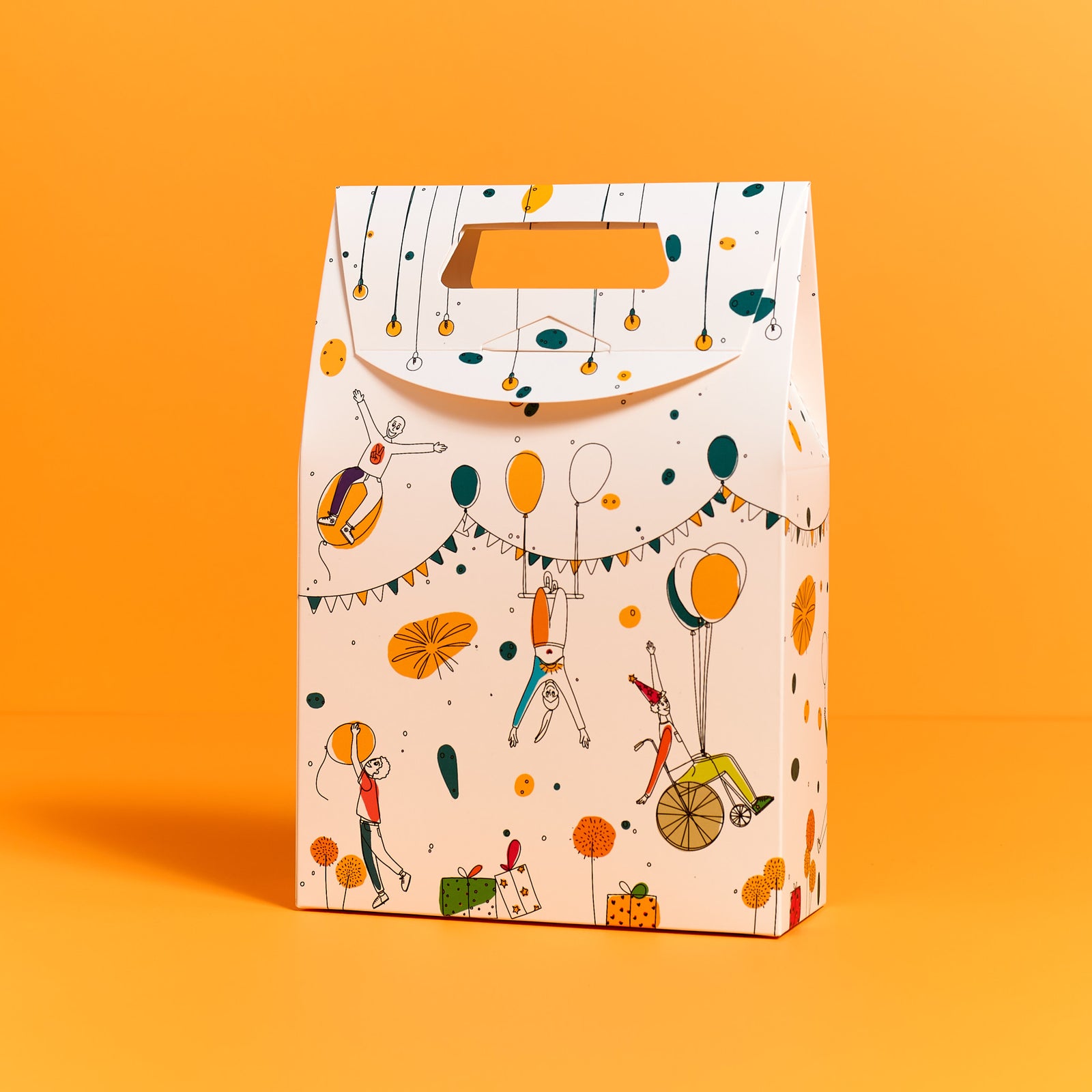 ODIDOMI goodie bag with a whimsical, illustrated party scene, displayed on an orange background. Designed in-house by ODIDOMI, a family-run brand creating high-quality, handcrafted party favor bags for kids' celebrations.