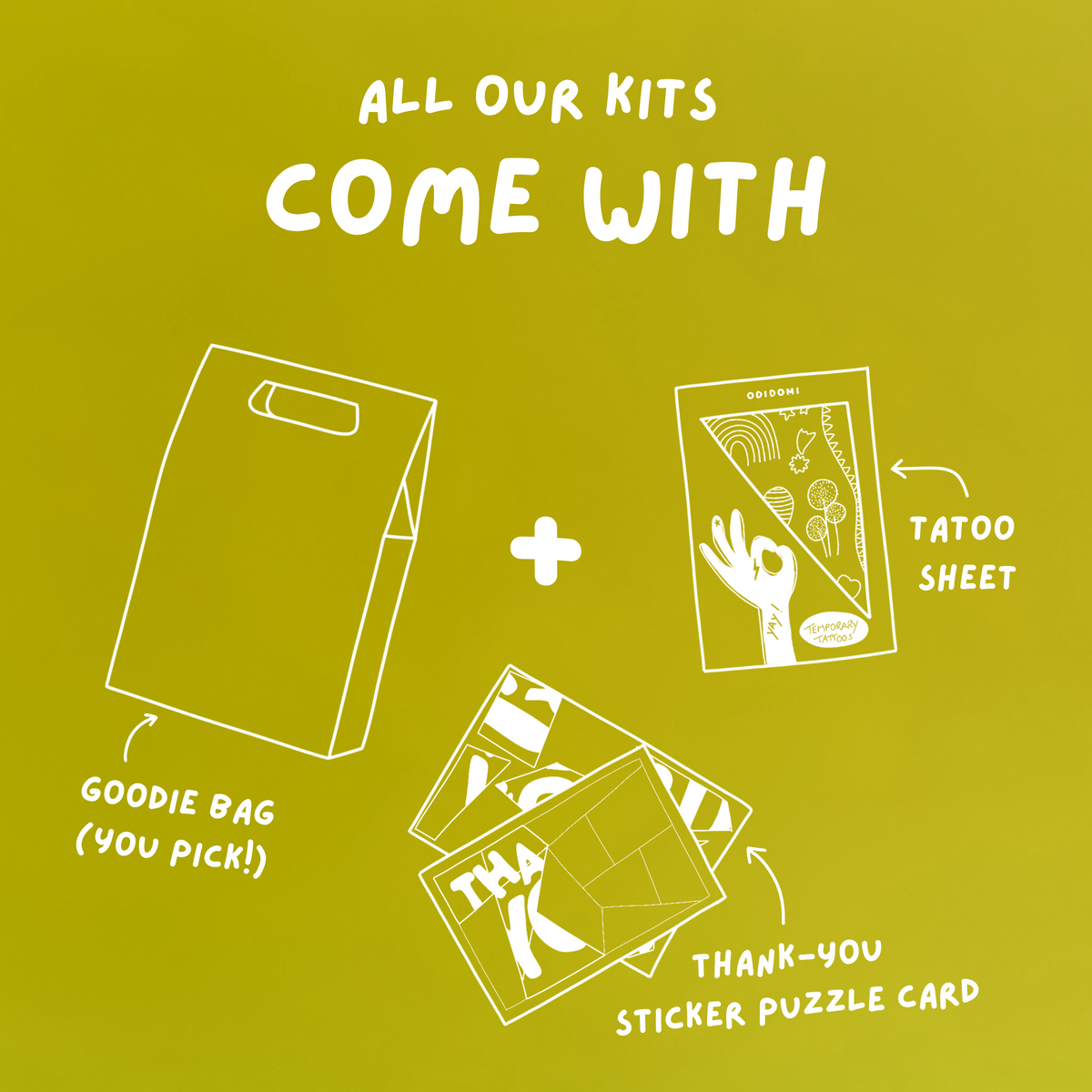 Illustration on a green background showing that ODIDOMI kits include a goodie bag, a temporary tattoo sheet, and a thank-you sticker puzzle card—perfect for creative kids’ party favors."