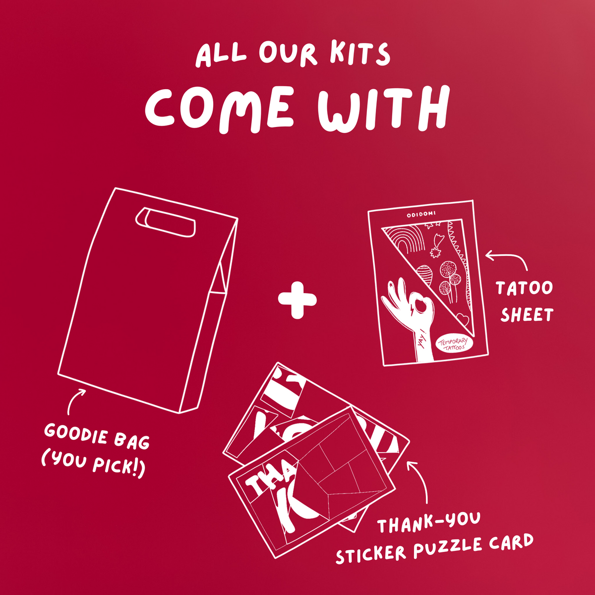 Illustration on a red background showing that ODIDOMI kits include a goodie bag, a temporary tattoo sheet, and a thank-you sticker puzzle card—perfect for creative kids’ party favors.