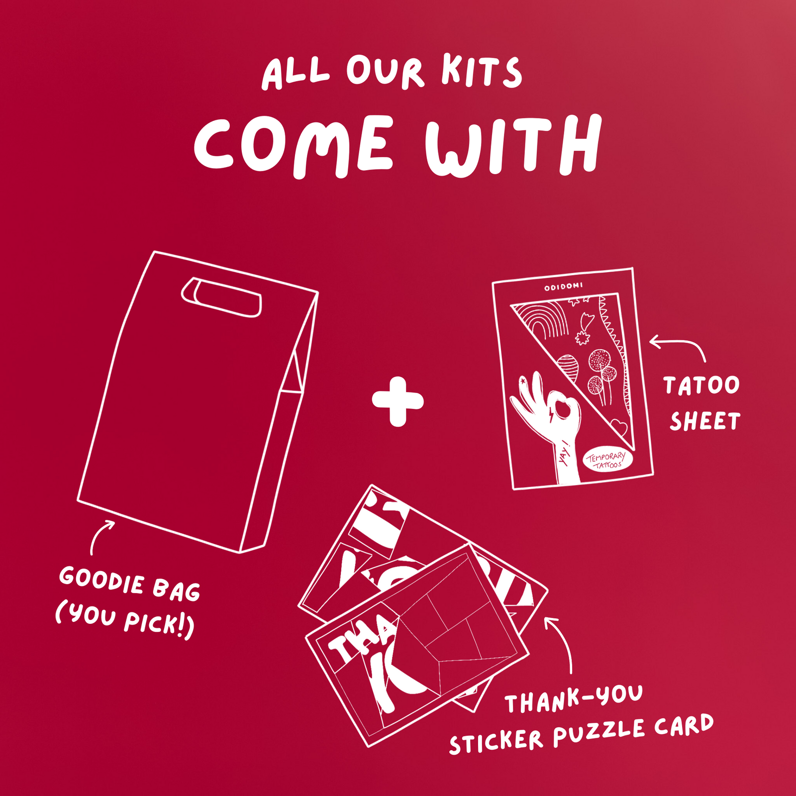 Illustration on a red background showing that ODIDOMI kits include a goodie bag, a temporary tattoo sheet, and a thank-you sticker puzzle card—perfect for creative kids’ party favors.