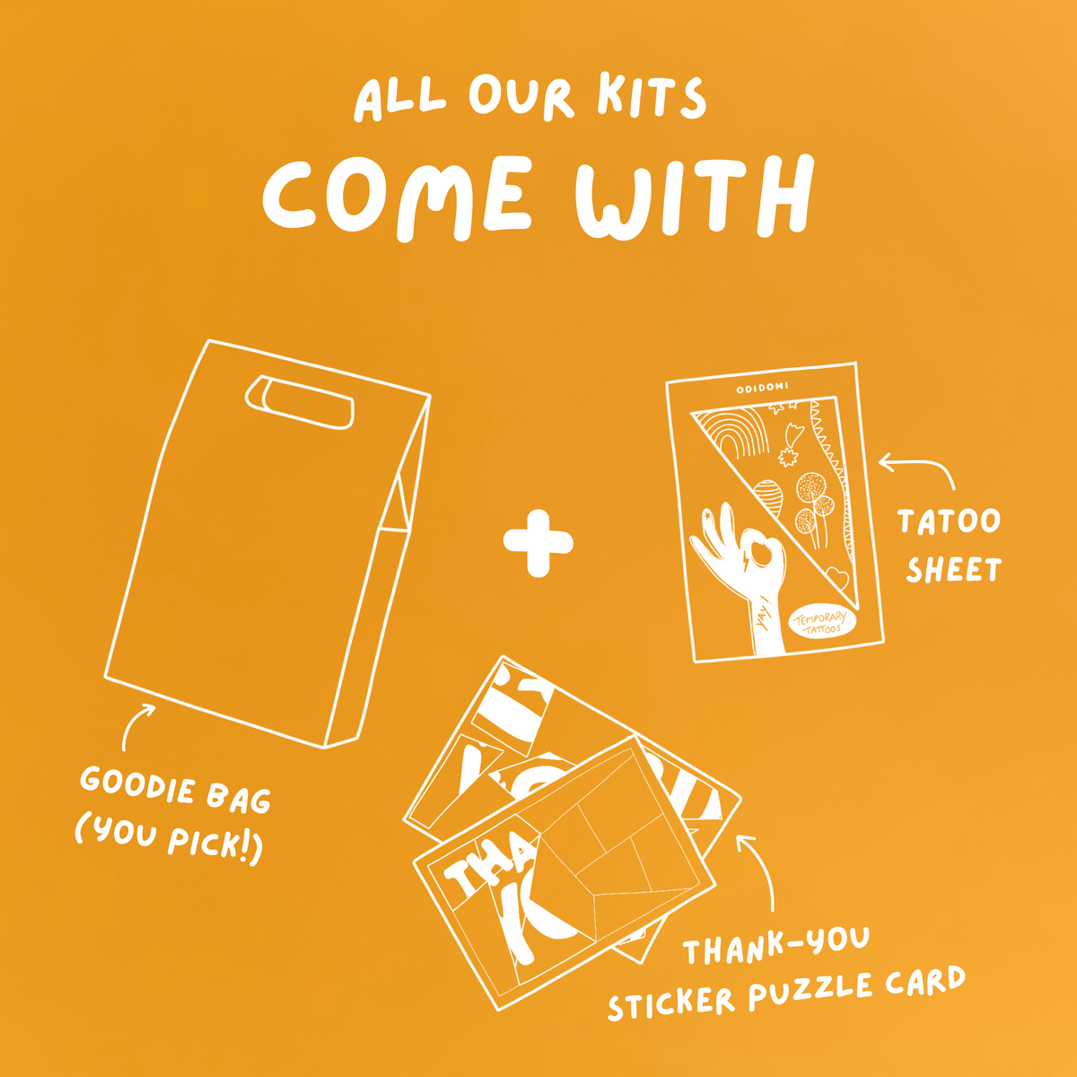 Illustration on a yellow background showing that ODIDOMI kits include a goodie bag, a temporary tattoo sheet, and a thank-you sticker puzzle card—perfect for creative kids’ party favors."