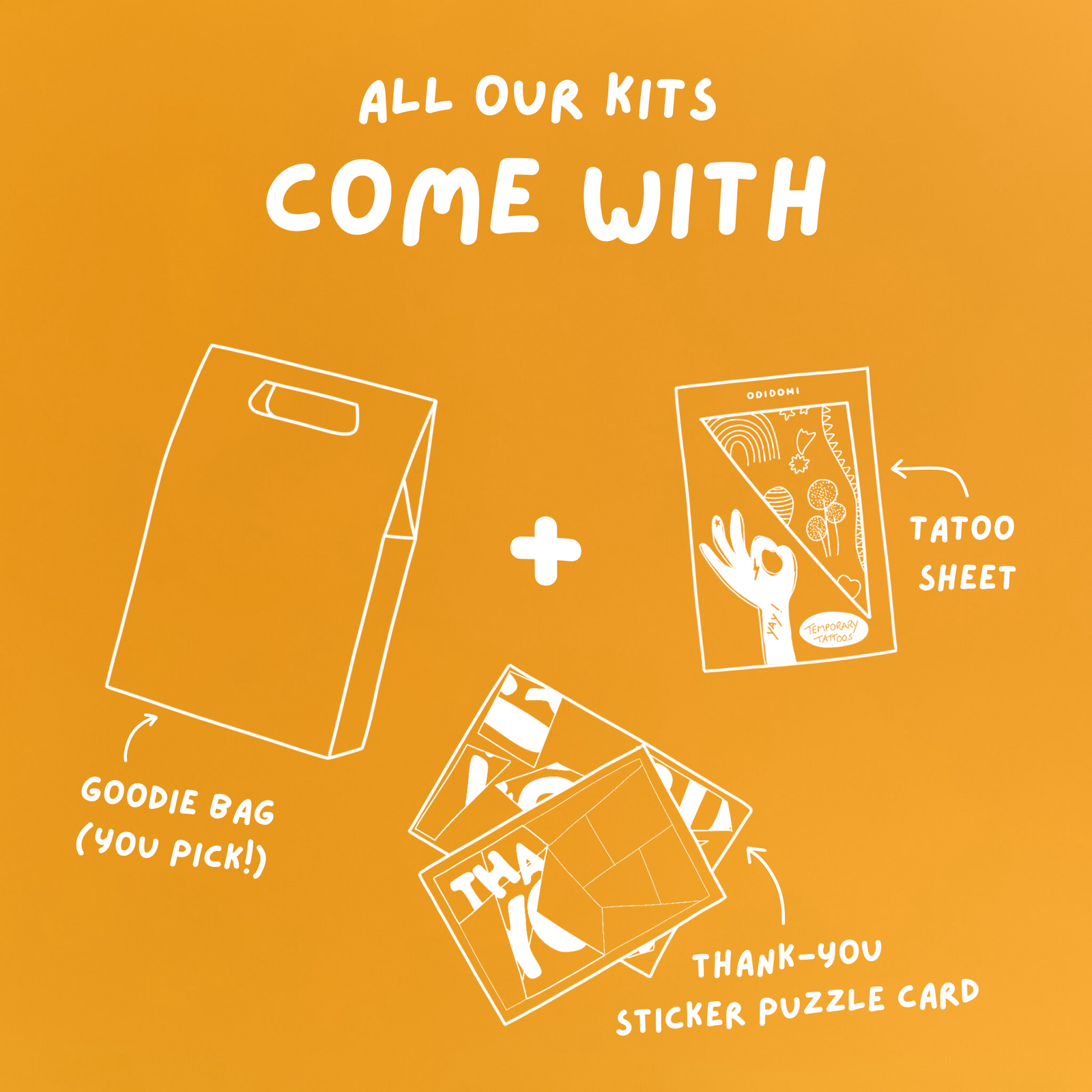 Illustration on a yellow background showing that ODIDOMI kits include a goodie bag, a temporary tattoo sheet, and a thank-you sticker puzzle card—perfect for creative kids’ party favors."