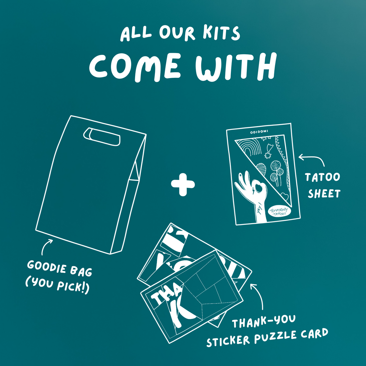 Illustration on a dark blue background showing that ODIDOMI kits include a goodie bag, a temporary tattoo sheet, and a thank-you sticker puzzle card—perfect for creative kids’ party favors.