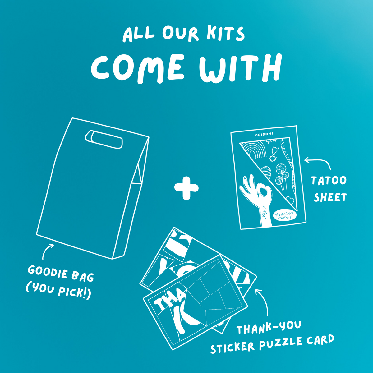 Illustration on a blue background showing that ODIDOMI kits include a goodie bag, a temporary tattoo sheet, and a thank-you sticker puzzle card—perfect for creative kids’ party favors."