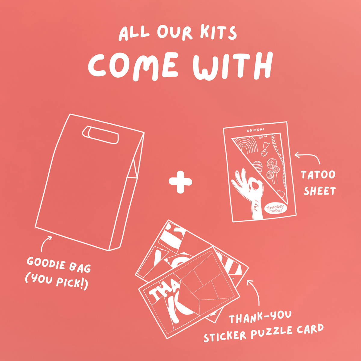 Illustration on a pink background showing that ODIDOMI kits include a goodie bag, a temporary tattoo sheet, and a thank-you sticker puzzle card—perfect for creative kids’ party favors.