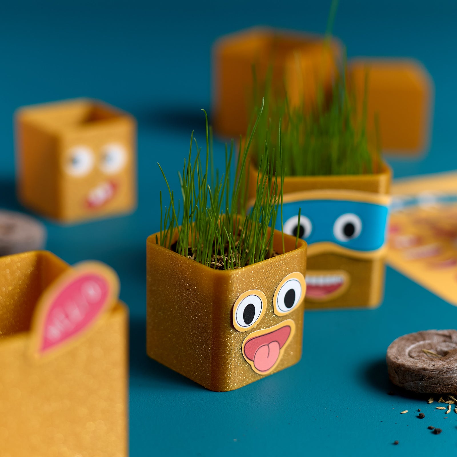 Close-up of a finished Grass Head Buddies creation from an ODIDOMI kids craft kit.