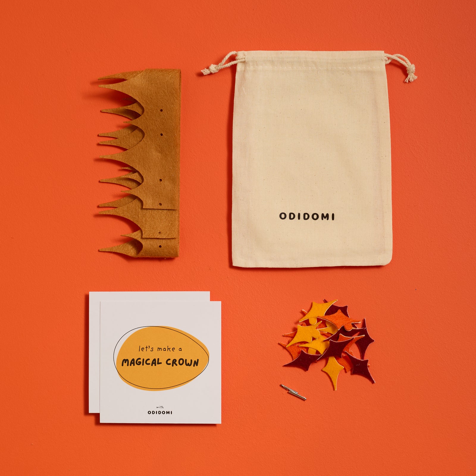 Flat lay of the complete ODIDOMI Magical Felt Crown Kit for kids.