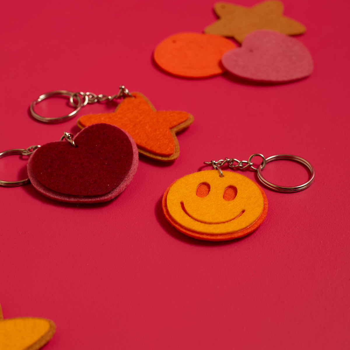 Close-up of finished keychains created with the ODIDOMI Little Joy Keychain Kit.