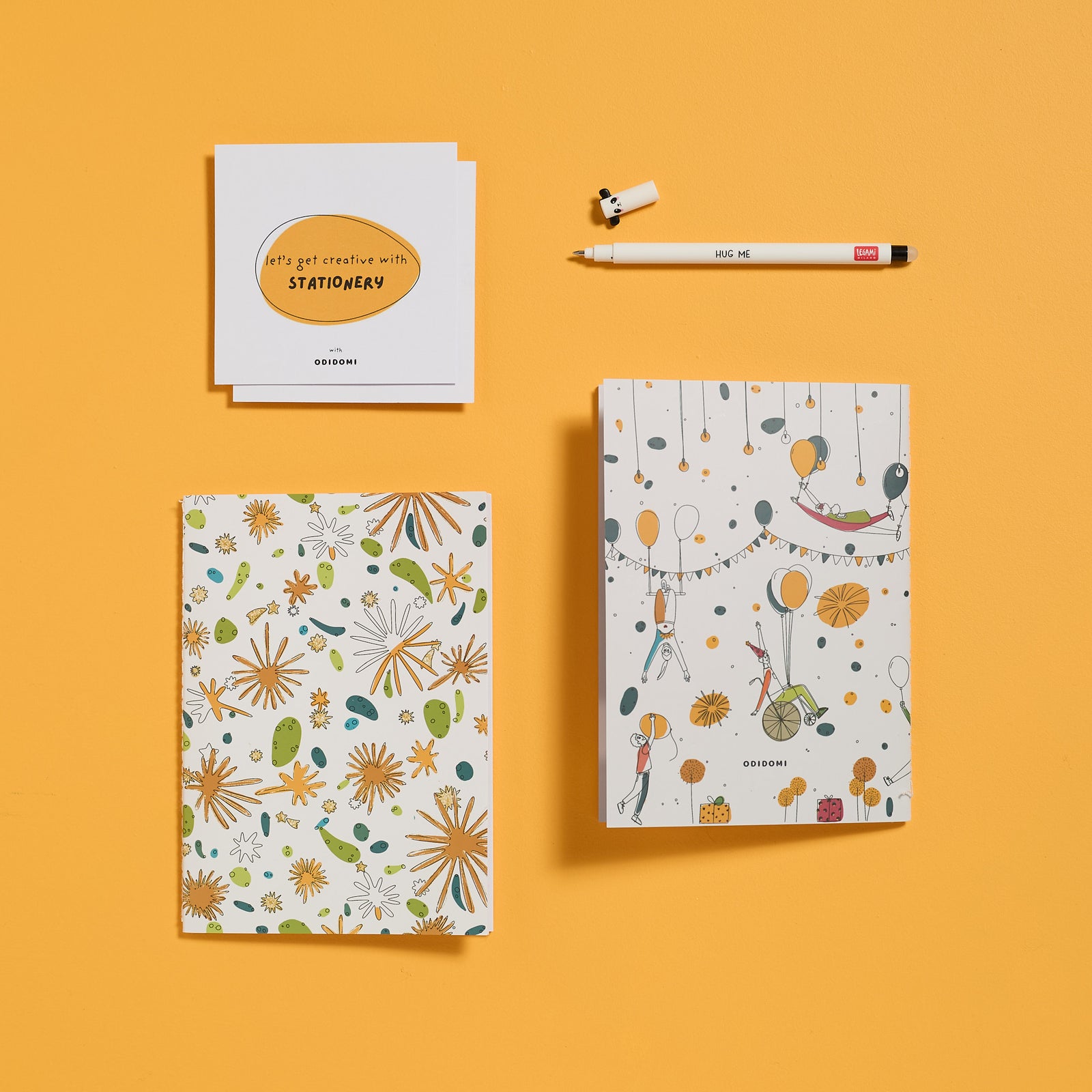 Flat lay of the complete ODIDOMI stationery kit with the Panda Pen option.